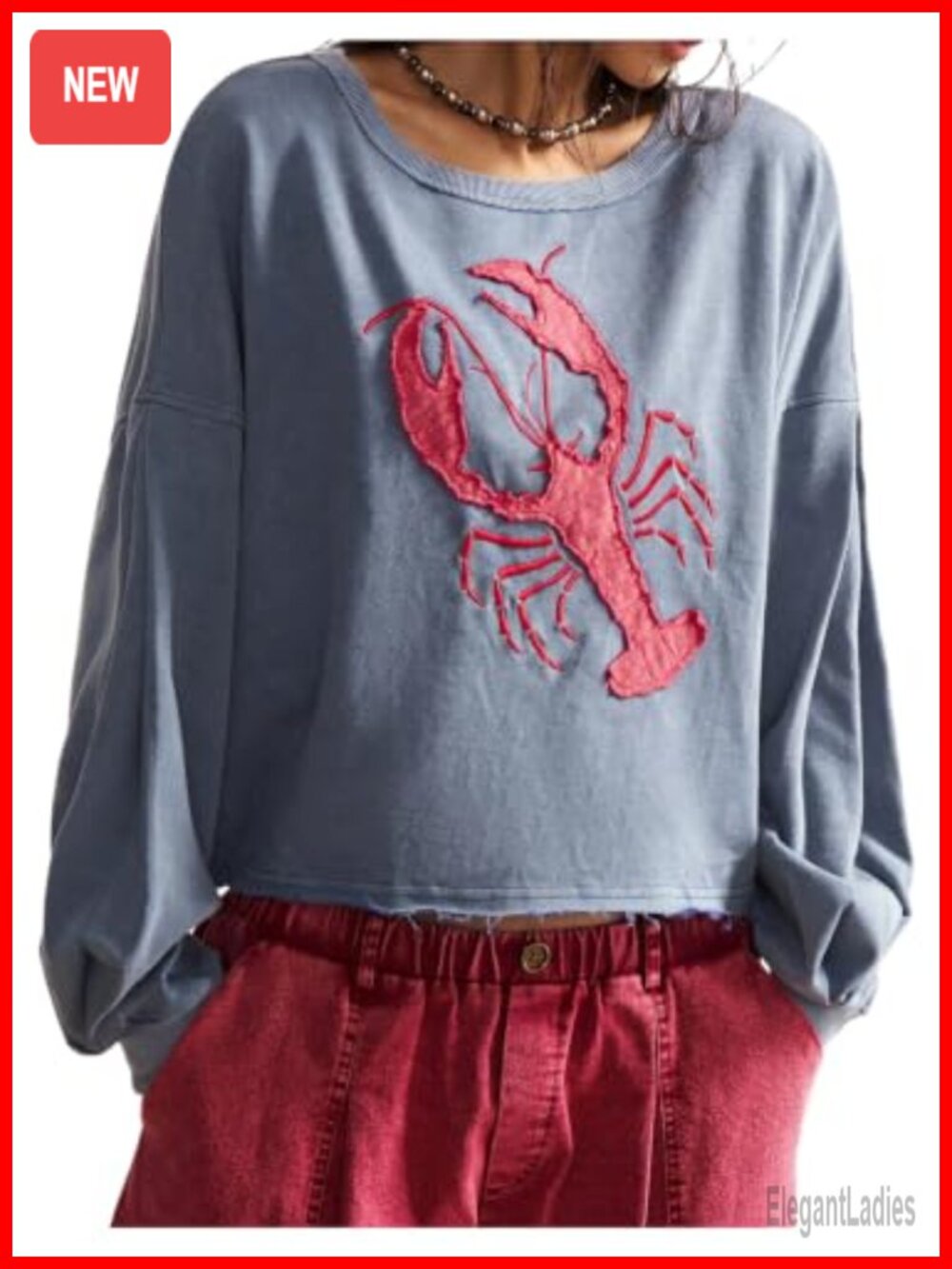 Oversized Lobster Graphic Sweatshirt Round Neck Pullover